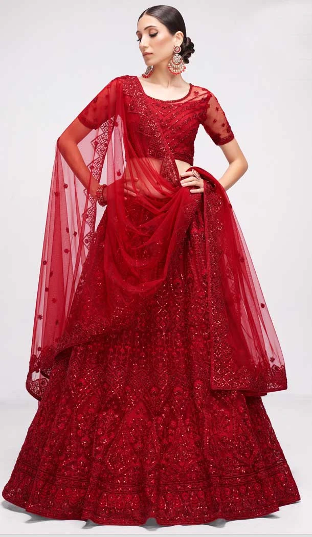 Red Color Net Embroidery Wedding Wear Lehenga Choli -4534155308