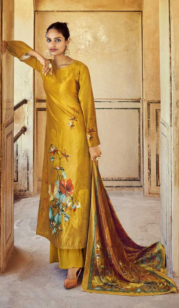 Mustard Color Digital Printed Velvet Palazzo Style Festival Wear Salwar Kameez -4542155394