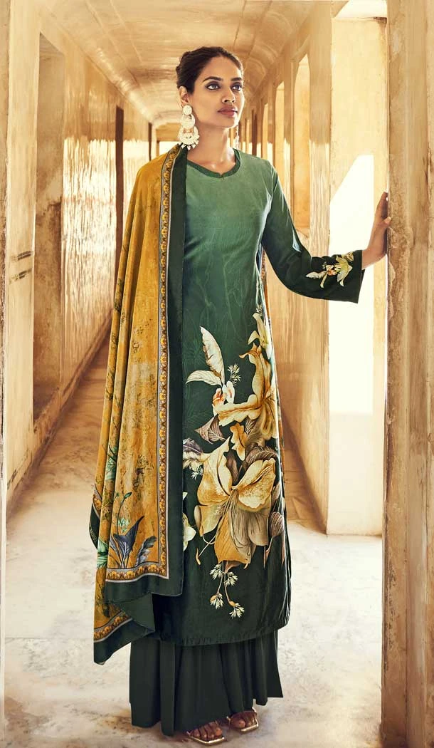 Green Color Digital Printed Velvet Palazzo Style Festival Wear Salwar Kameez -4542155396