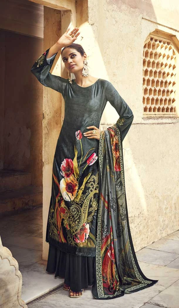 Dark Gray Color Digital Printed Velvet Palazzo Style Festival Wear Salwar Kameez -4542155397