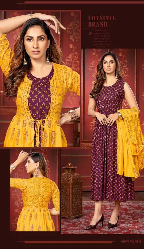 Black Rayon Gold Foil Printed Party Wear Kurti With Women Shrug-4545155413