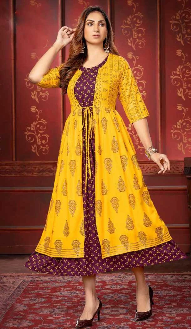 Black Rayon Gold Foil Printed Party Wear Kurti With Women Shrug-4545155413