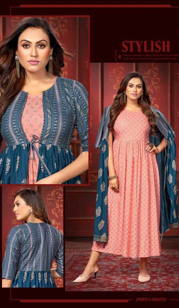 Light Pink Rayon Gold Foil Printed Party Wear Kurti With Women Shrug-4545155416