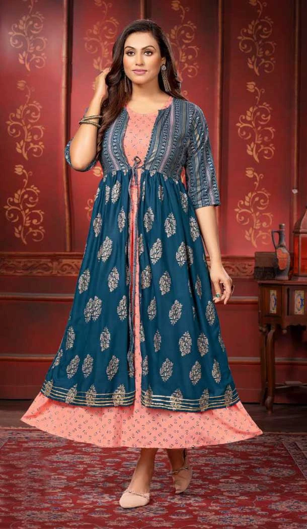 Light Pink Rayon Gold Foil Printed Party Wear Kurti With Women Shrug-4545155416