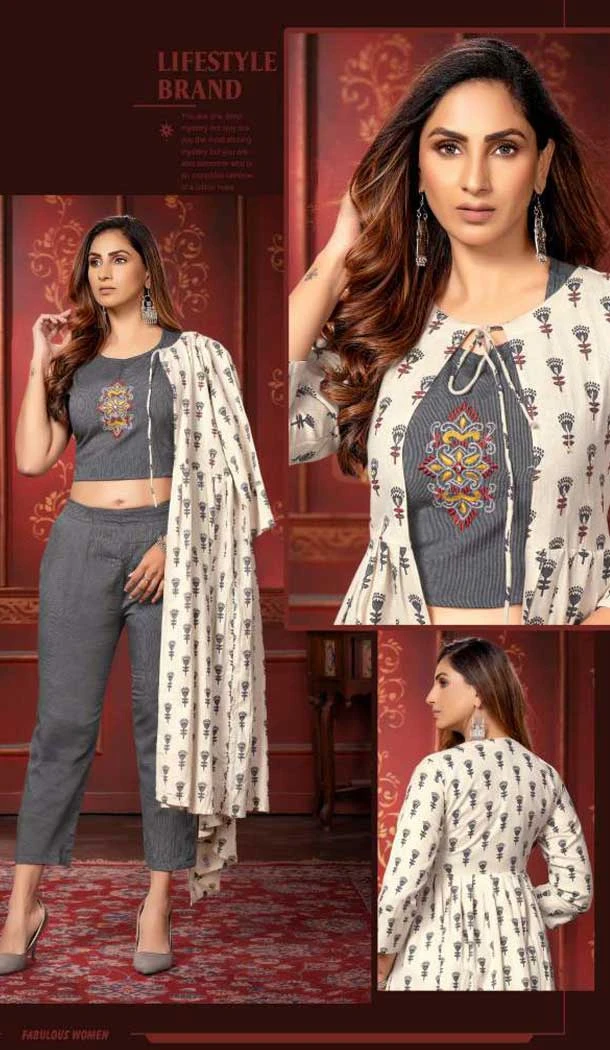Grey Rayon Gold Foil Printed Party Wear Kurti With Women Shrug-4545155417