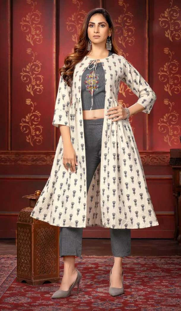 Grey Rayon Gold Foil Printed Party Wear Kurti With Women Shrug-4545155417