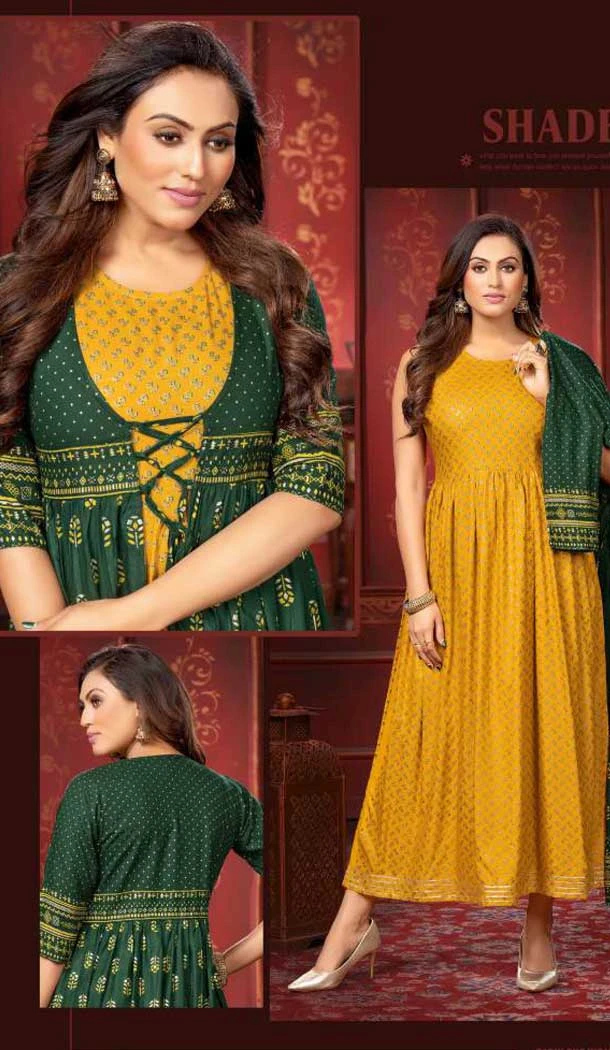 Mustard Color Rayon Gold Foil Printed Party Wear Kurti With Women Shrug-4545155418