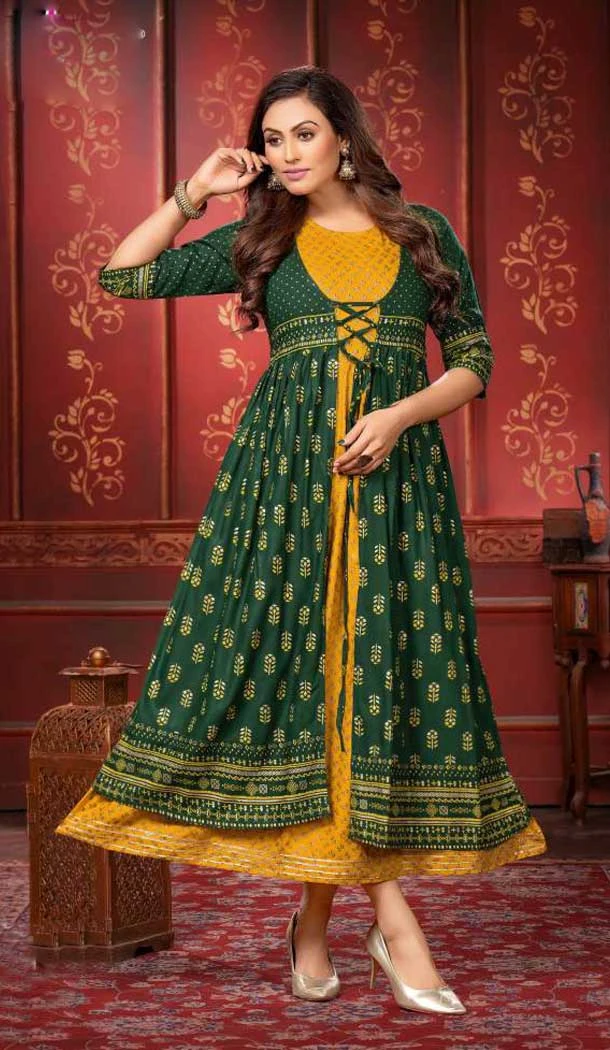 Mustard Color Rayon Gold Foil Printed Party Wear Kurti With Women Shrug-4545155418