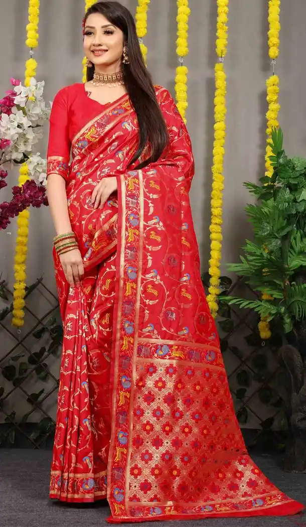Red Jacquard Work Banarasi Silk Festival Wear Plus Size Saree - 4552155460