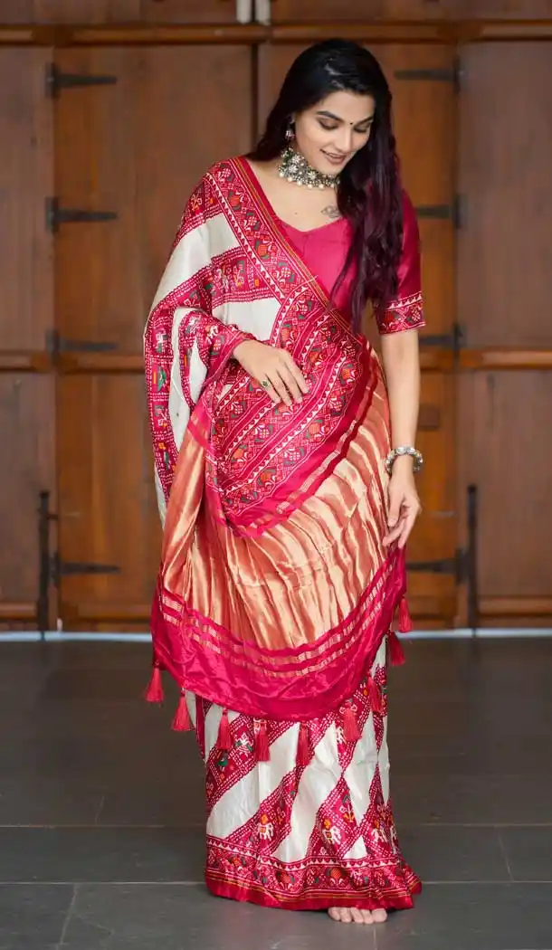 Off White & Maroon Pure Gaji Silk Patola Print Traditional Party Wear Saree -4556155484