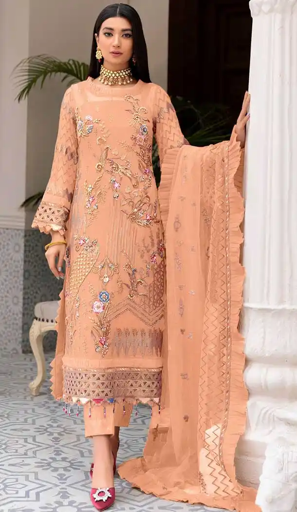 Peach Color Faux Georgette Embroidery Work Casual Wear Salwar Kameez -4538155358