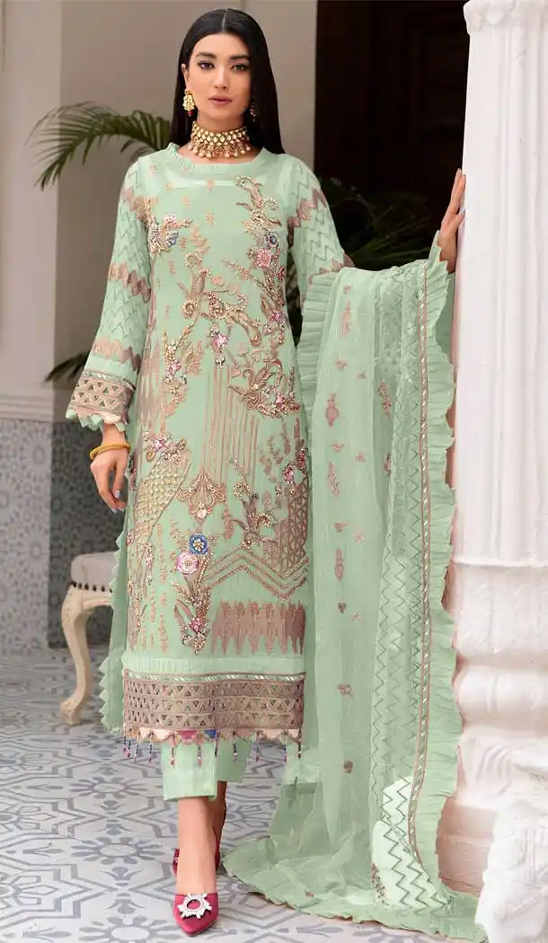 Pista Green Color Faux Georgette Embroidery Work Casual Wear Salwar Kameez -4538155362