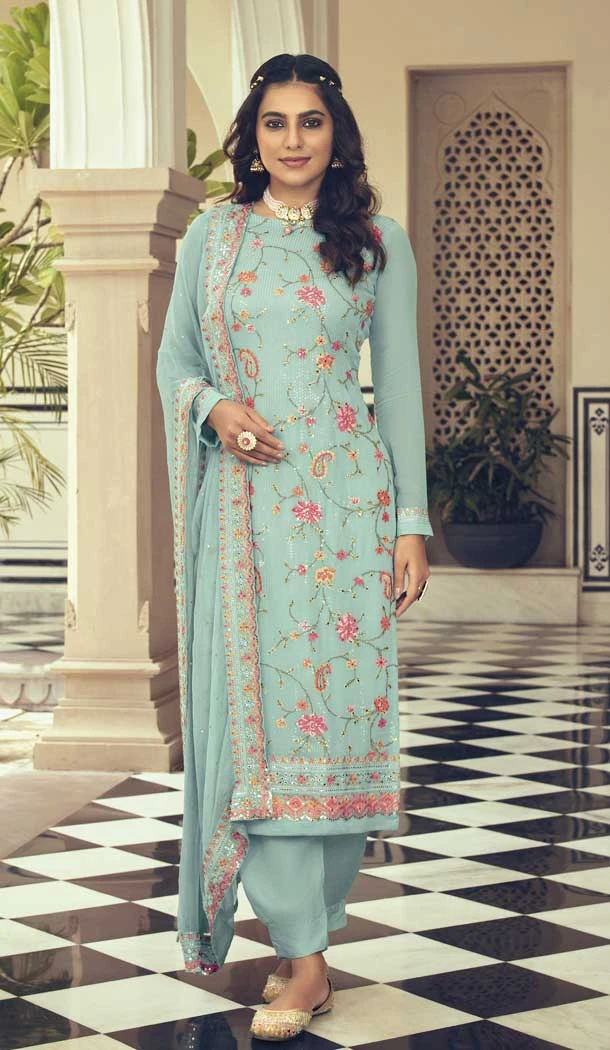 Sky Blue Color Sequence Work Faux Georgette Festival Wear Salwar Kameez - 4560155499