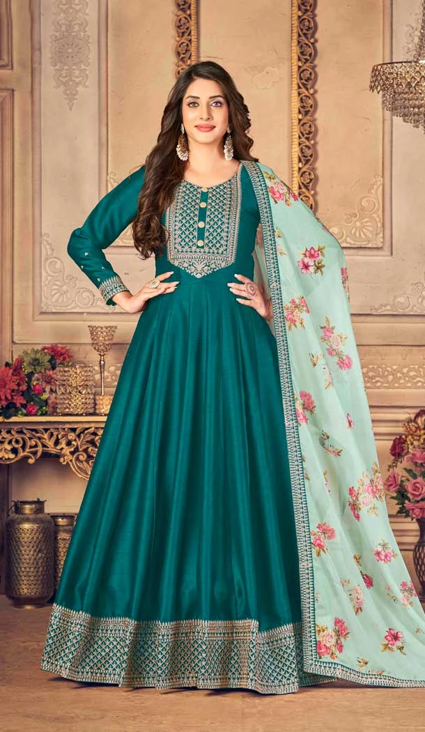 Teal Blue Color Embroidery Work Jiyo Silk Slub Wedding Wear Anarkali Salwar Kameez -4561155504