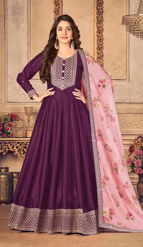 Wine Color Embroidery Work Jiyo Silk Slub Wedding Wear Anarkali Salwar Kameez -4561155505