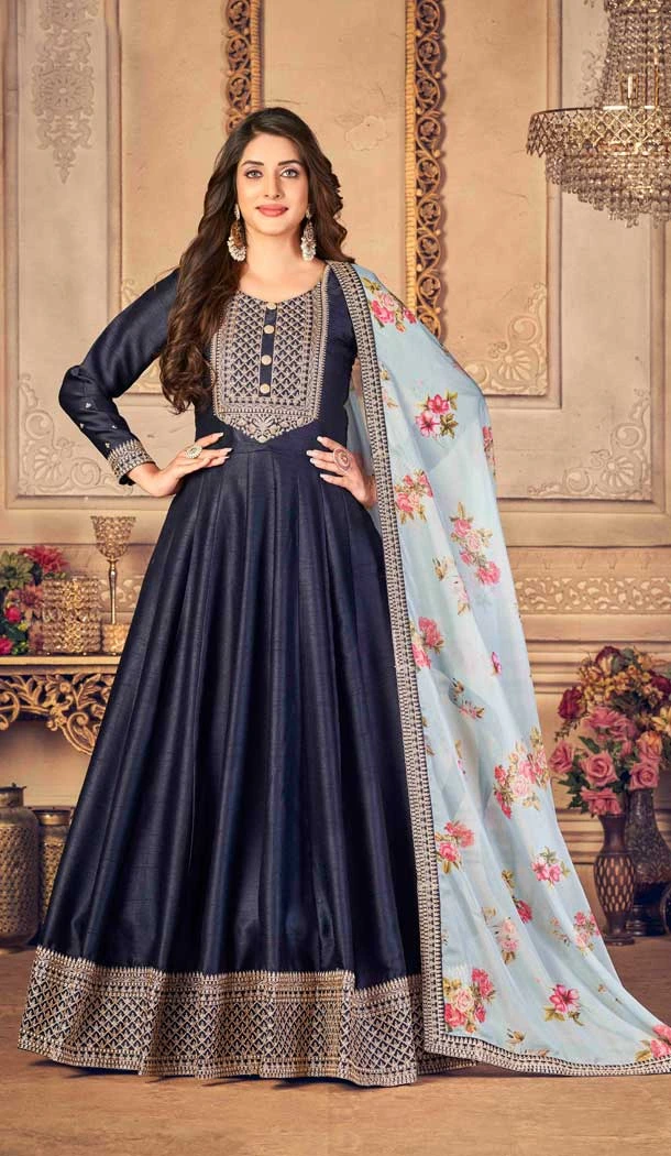 Navy Blue Color Embroidery Work Jiyo Silk Slub Wedding Wear Anarkali Salwar Kameez -4561155506