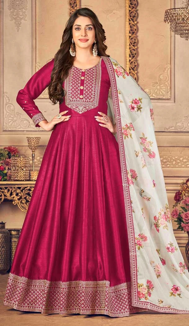 Pink Color Embroidery Work Jiyo Silk Slub Wedding Wear Anarkali Salwar Kameez -4561155507