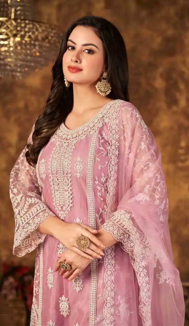 Pink Color Cording Work Net Evening Wear Plus Size Palazzo Suit -4562155508