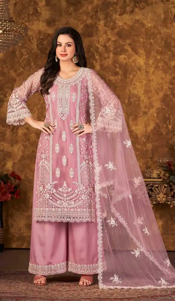 Pink Color Cording Work Net Evening Wear Plus Size Palazzo Suit -4562155508