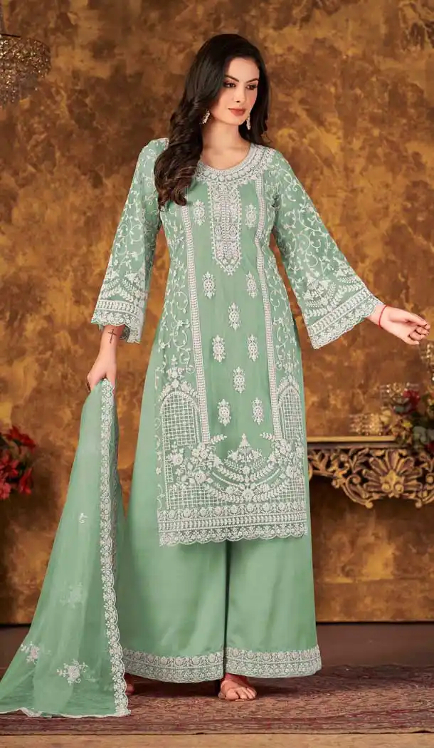 Pista Green Color Cording Work Net Evening Wear Plus Size Palazzo Suit -4562155509