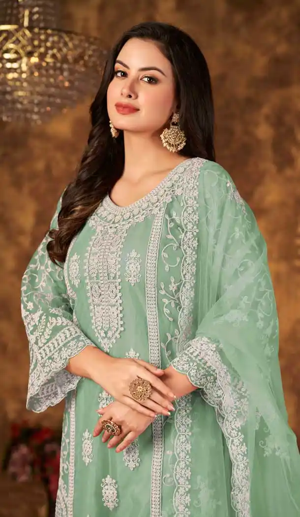 Pista Green Color Cording Work Net Evening Wear Plus Size Palazzo Suit -4562155509