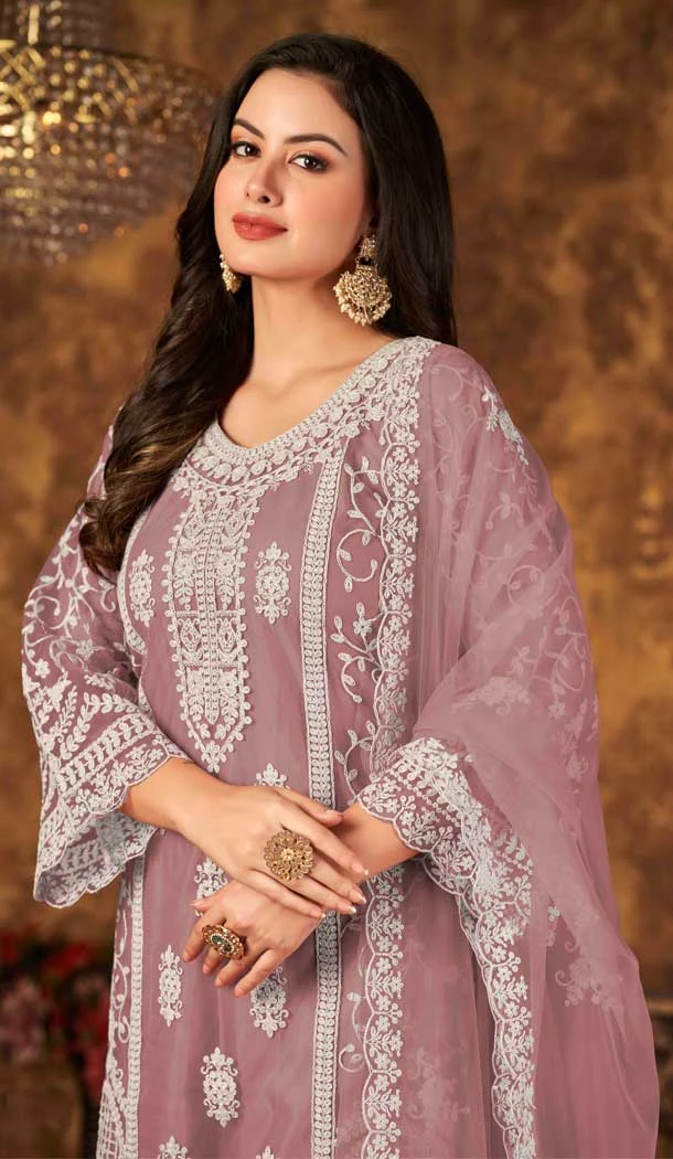 Onion Pink Color Cording Work Net Evening Wear Plus Size Palazzo Suit -4562155510