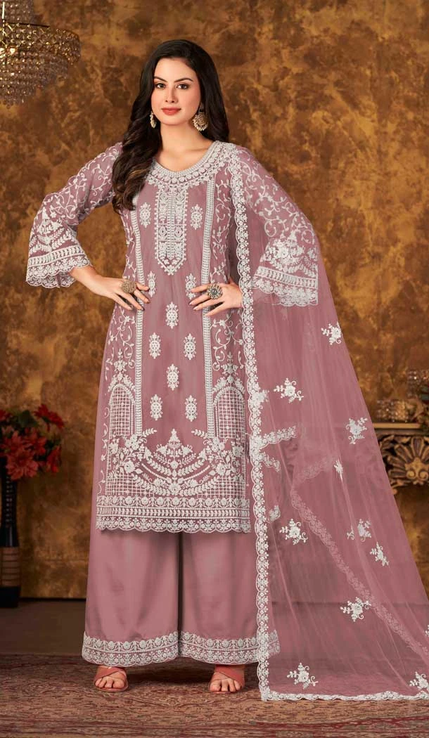 Onion Pink Color Cording Work Net Evening Wear Plus Size Palazzo Suit -4562155510