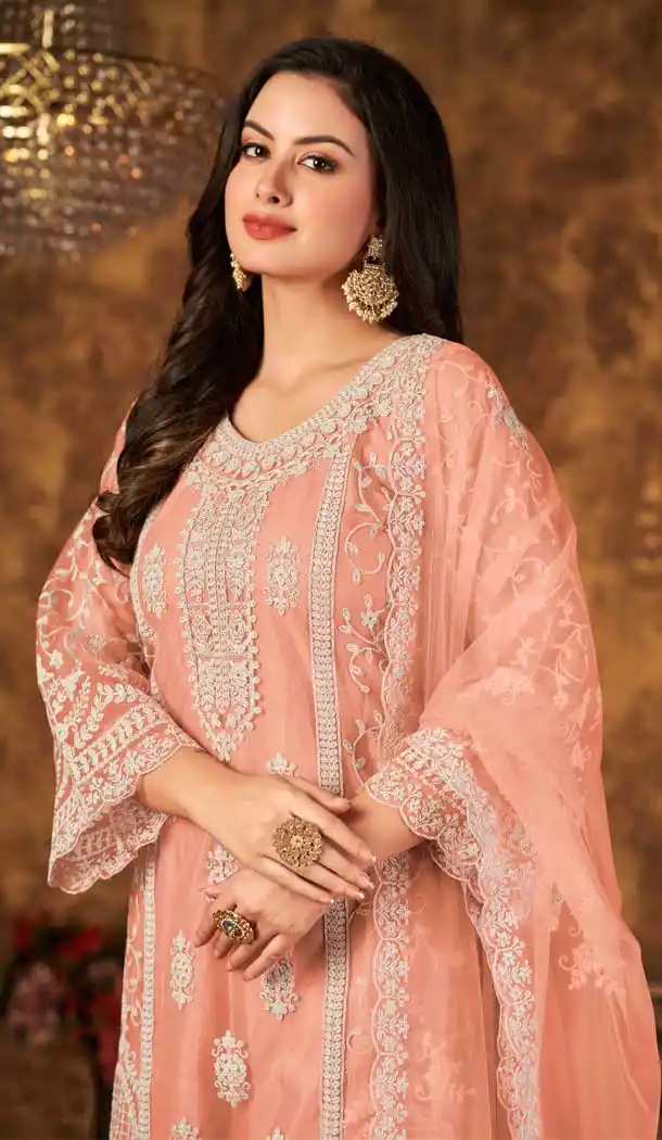 Peach Color Cording Work Net Evening Wear Plus Size Palazzo Suit -4562155511