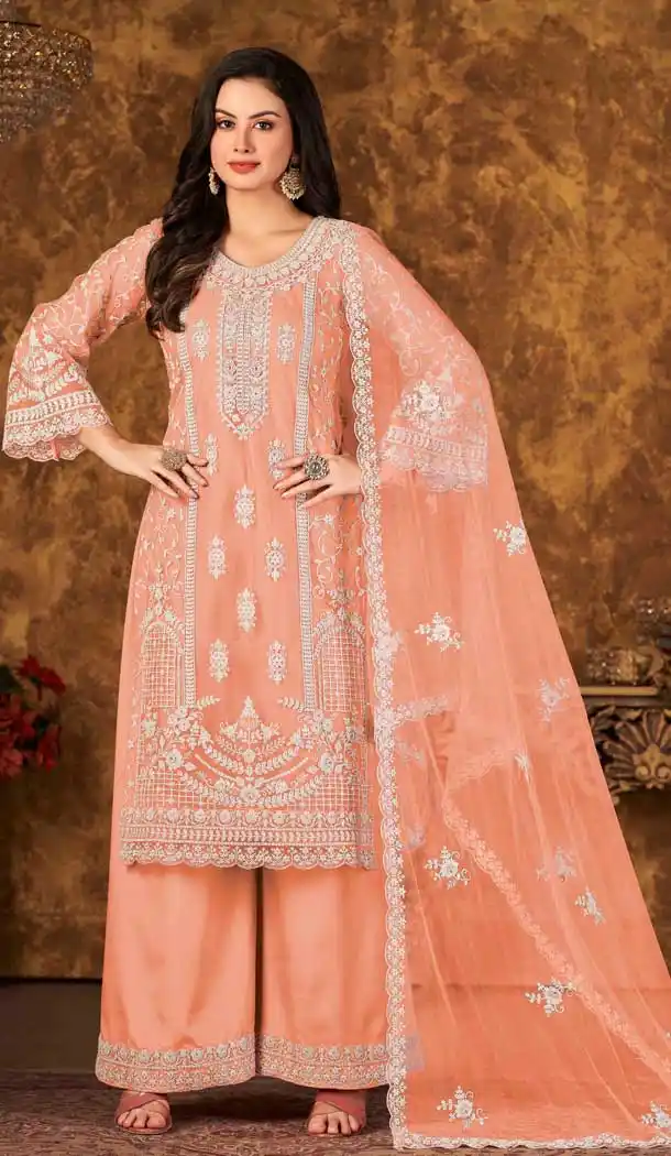 Peach Color Cording Work Net Evening Wear Plus Size Palazzo Suit -4562155511
