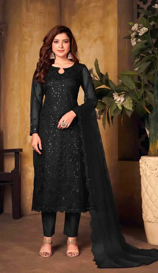Black Color Thread and Sequence Work Net Party Wear Churidar Suit -4563155512