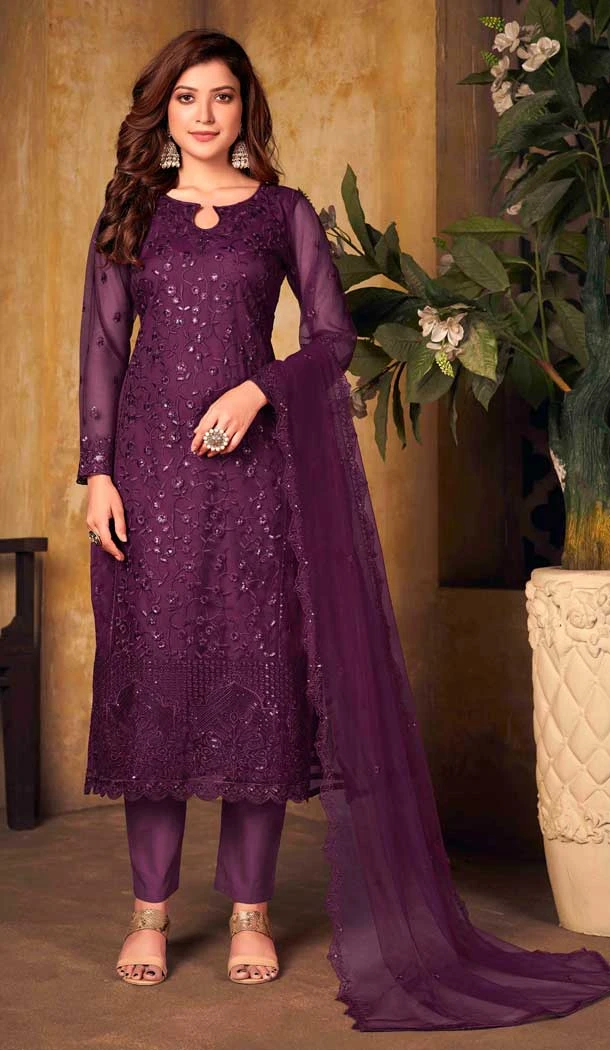 Purple Color Thread and Sequence Work Net Party Wear Churidar Suit -4563155513