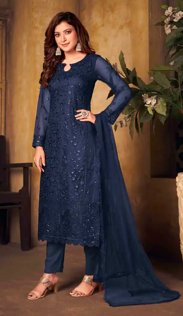 Navy Blue Color Thread and Sequence Work Net Party Wear Churidar Suit -4563155514