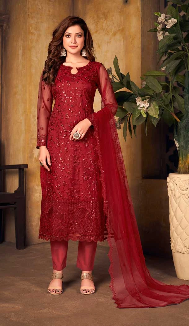 Red Color Thread and Sequence Work Net Party Wear Churidar Suit -4563155515