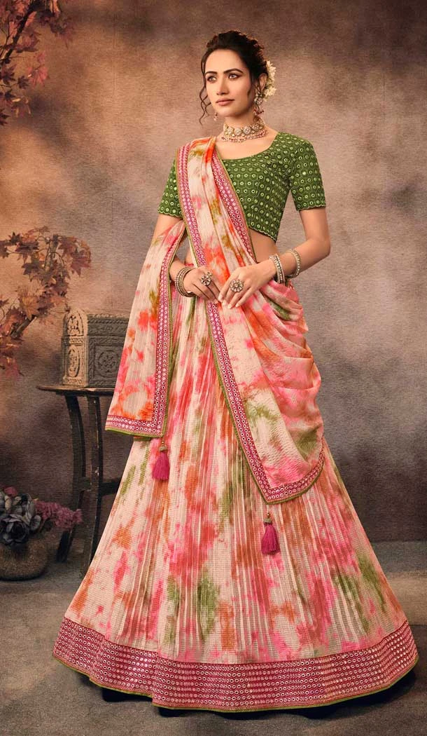 Green Color Embroidery Work Chinon Party Wear Plus Size Lehenga Choli -4565155527