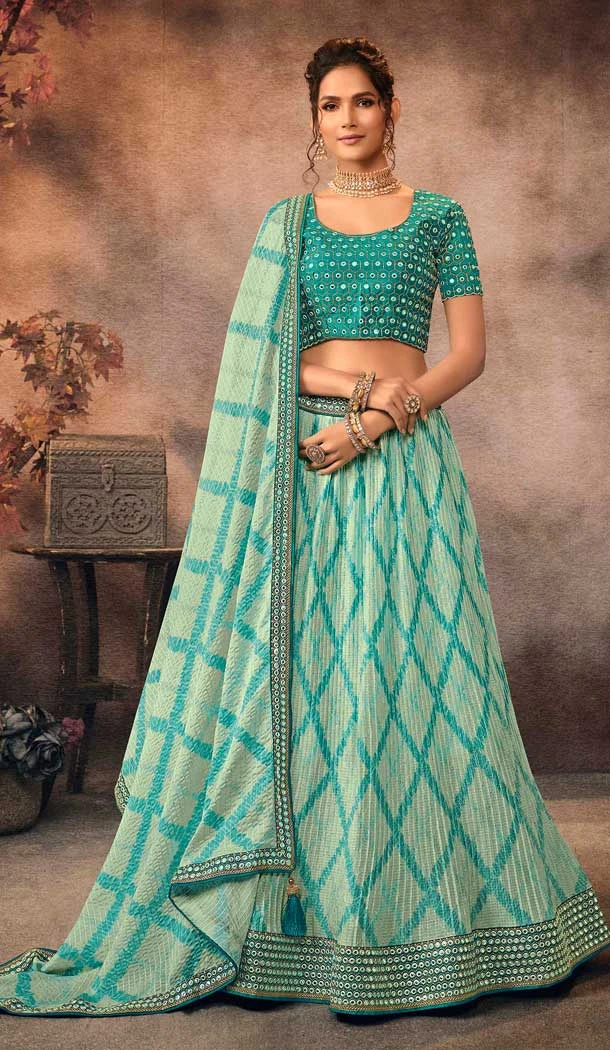 Firozi Color Embroidery Work Chinon Party Wear Plus Size Lehenga Choli -4565155532