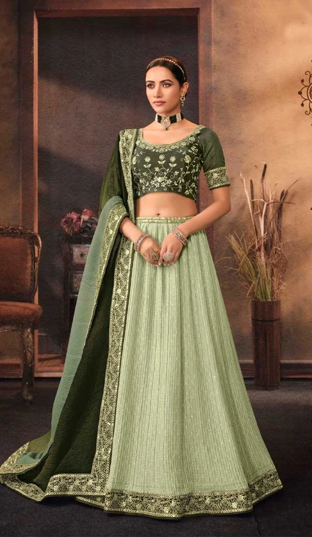 Mehndi Color Embroidery Work Chinon Festive Party Wear Lehenga Choli -4566155536