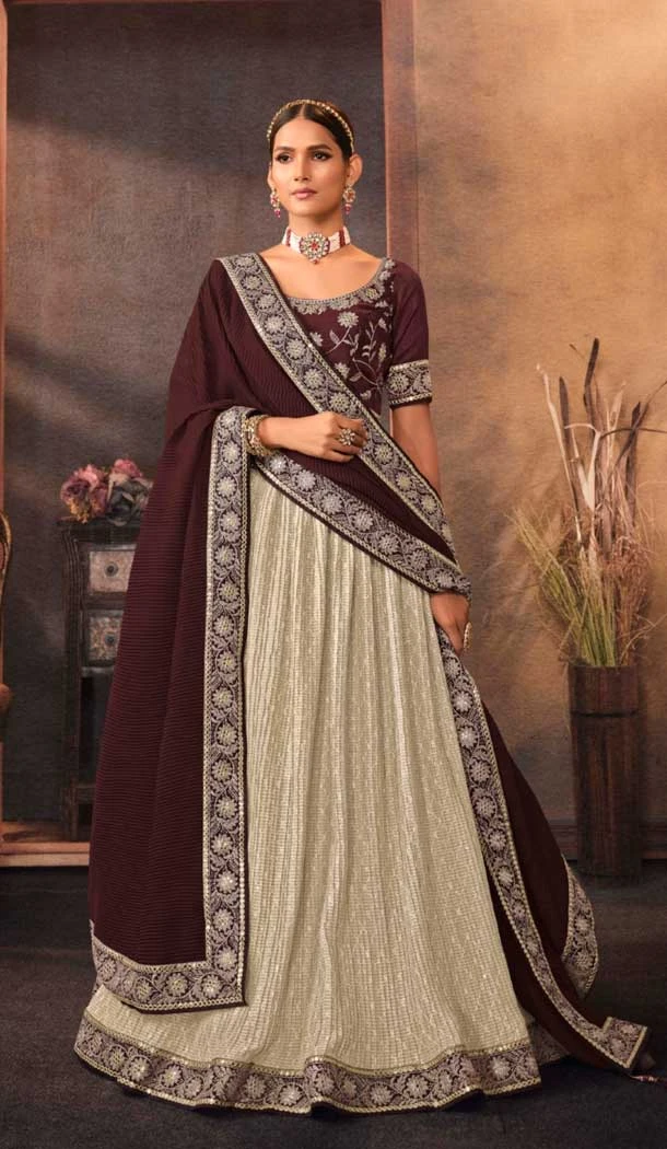 Wine Color Embroidery Work Chinon Festive Party Wear Lehenga Choli -4566155537