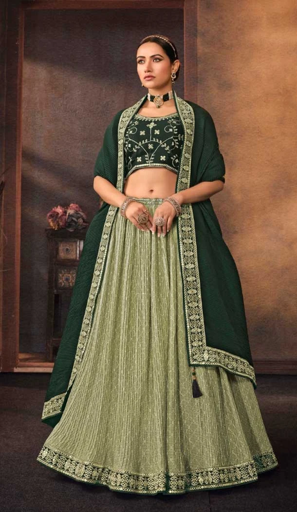Bottle Green Color Embroidery Work Chinon Festive Party Wear Lehenga Choli -4566155541