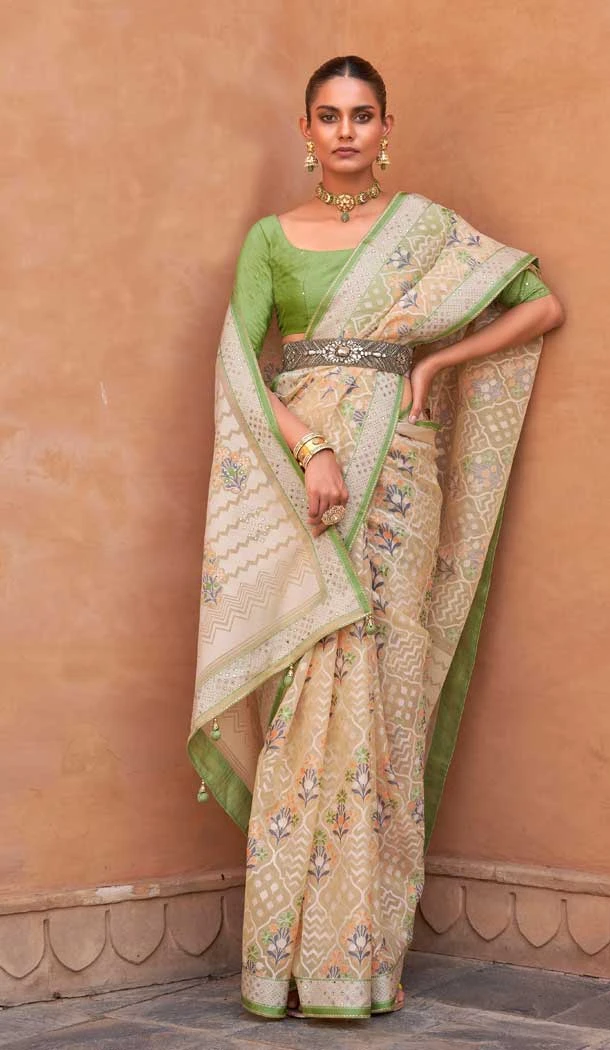 Light Green Color Hand Work Pure Brasso Traditional Festive Wear Designer Saree -4576155637