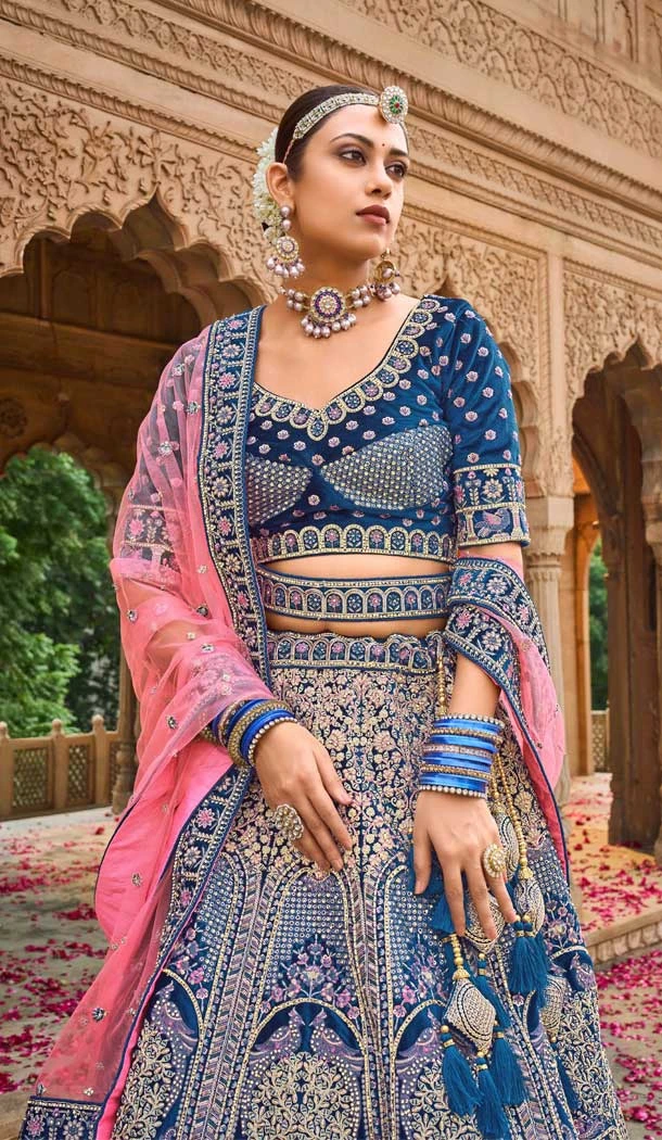 Blue Color Velvet Embroidery Work Bridal Wedding Wear Lehenga Choli -4578155650
