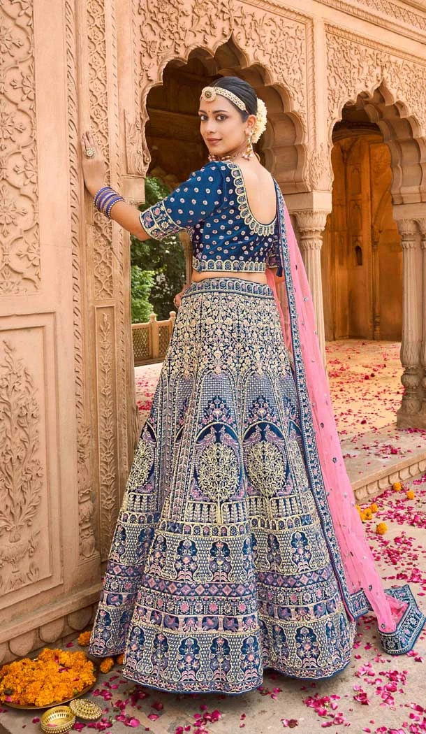 Blue Color Velvet Embroidery Work Bridal Wedding Wear Lehenga Choli -4578155650