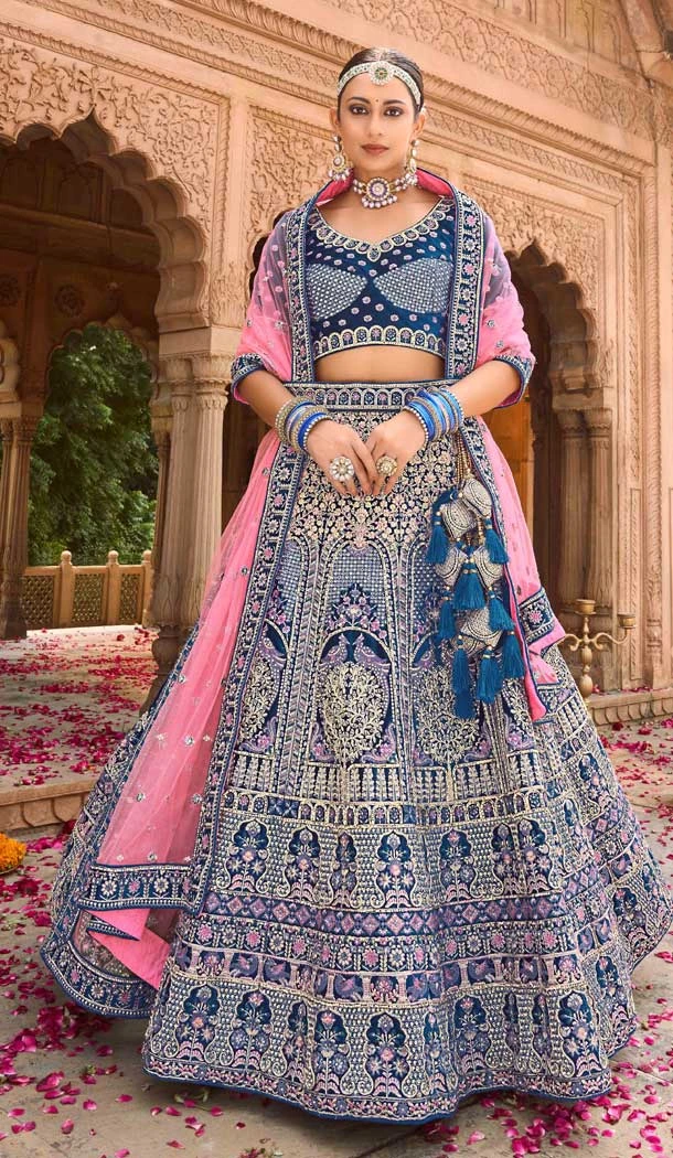Blue Color Velvet Embroidery Work Bridal Wedding Wear Lehenga Choli -4578155650