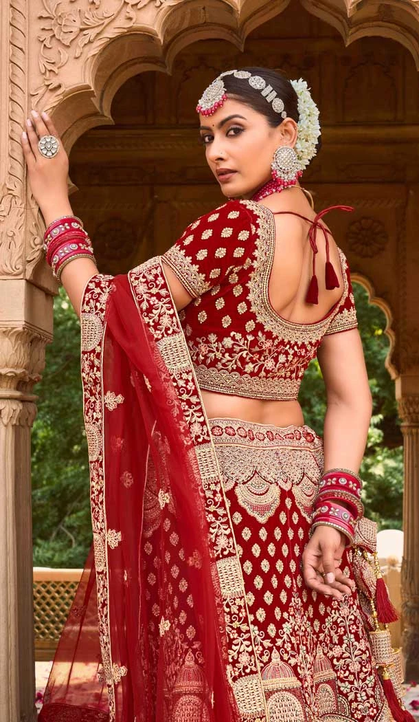 Red Color Velvet Embroidery Work Bridal Wedding Wear Lehenga Choli -4578155651
