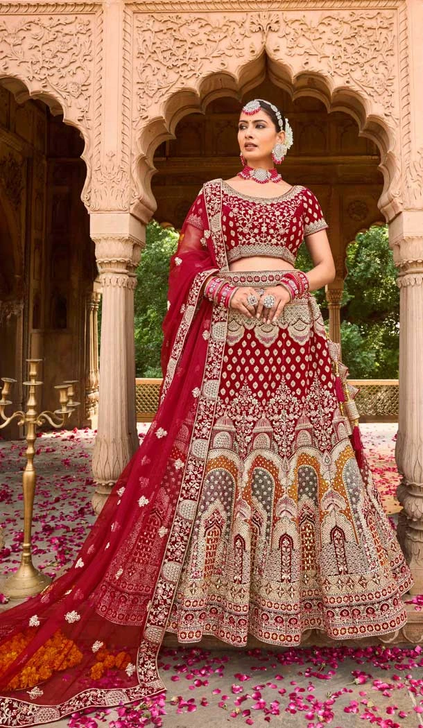 Red Color Velvet Embroidery Work Bridal Wedding Wear Lehenga Choli -4578155651