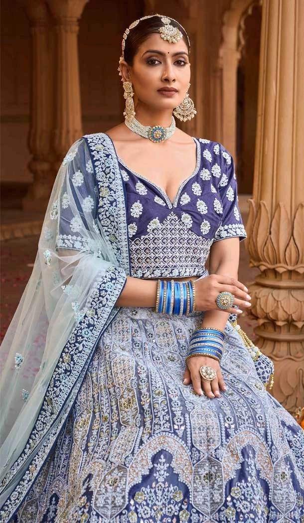 Pretty Blue Color Embroidery Velvet Bridal Wedding Wear Lehenga Choli -4578155653