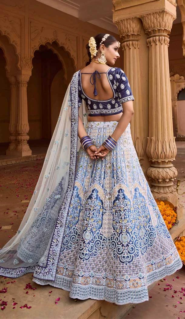 Pretty Blue Color Embroidery Velvet Bridal Wedding Wear Lehenga Choli -4578155653