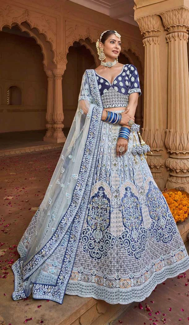 Pretty Blue Color Embroidery Velvet Bridal Wedding Wear Lehenga Choli -4578155653