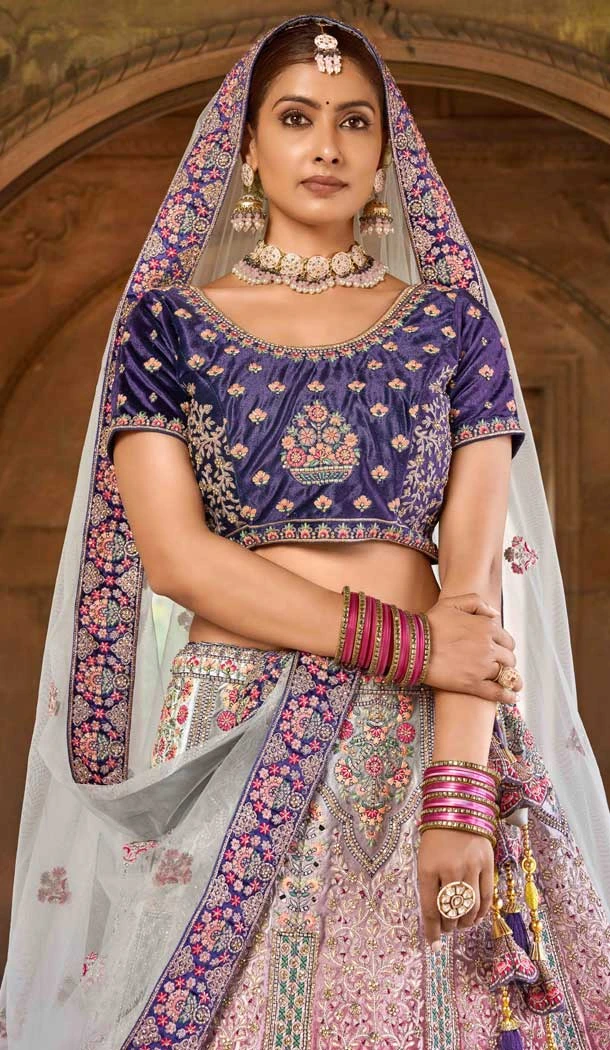 Style Purple Color Embroidery Velvet Bridal Wedding Wear Lehenga Choli -4578155655