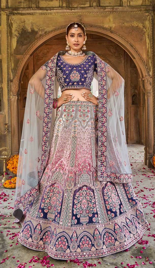 Style Purple Color Embroidery Velvet Bridal Wedding Wear Lehenga Choli -4578155655