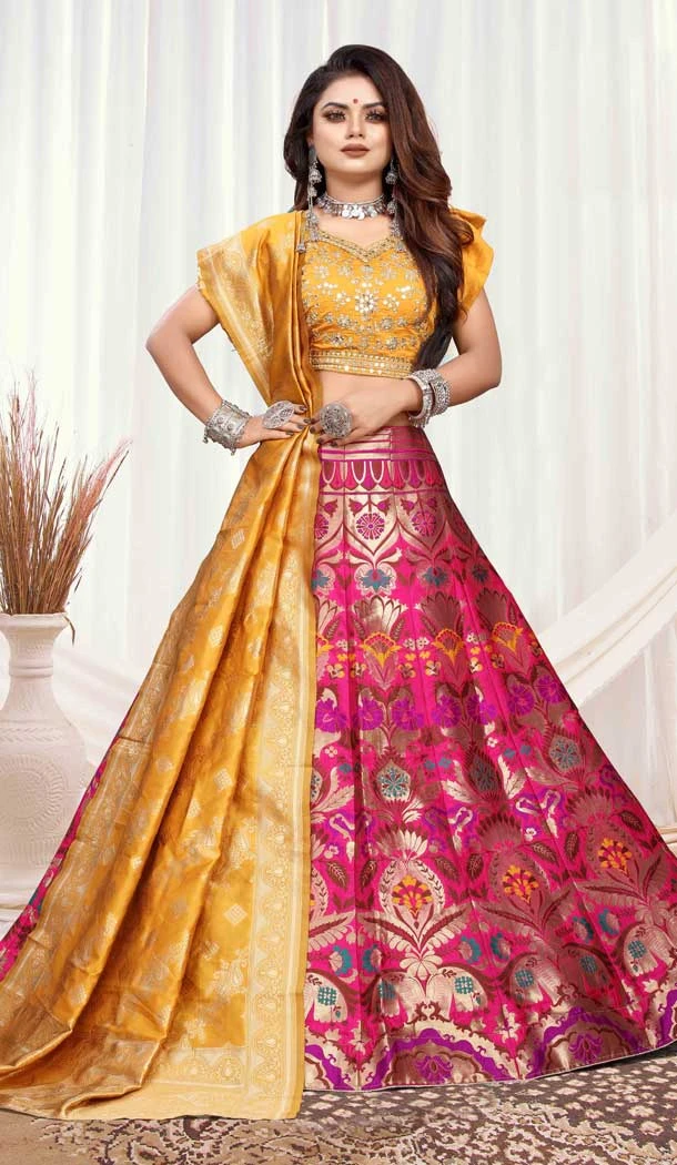 Mustard Color Banarasi Meenakari Traditional Wear Lehenga Choli -45881557732